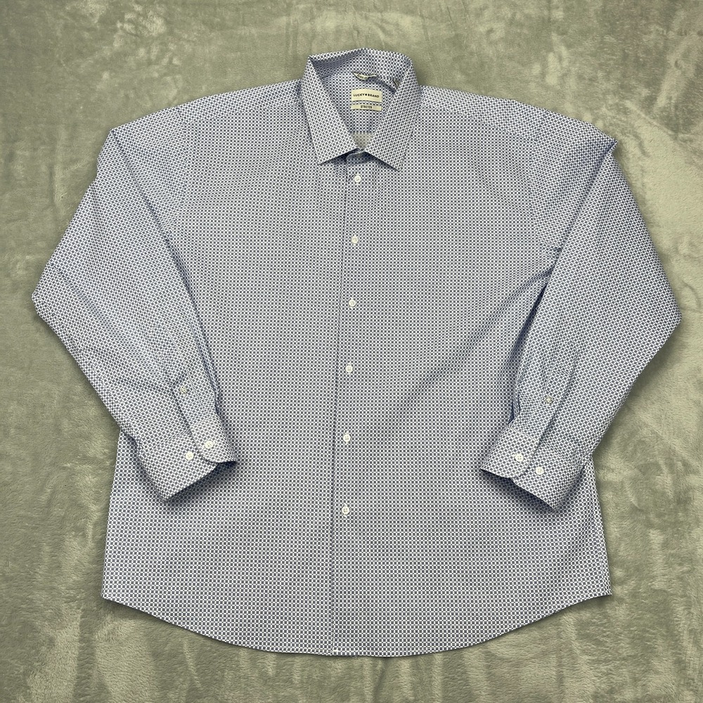 Lucky Brand Dress Shirt Men XXL 18-18.5 White Blue Stretch Regular Fit Button Up